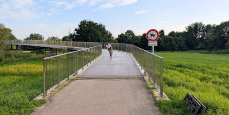 Ein Rennradfahrer fährt in leichter Schräglage die Rampe einer in einer langgezogenen Kurve gebauten Fahrradbrücke hinunter.