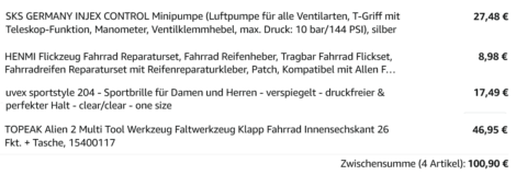 Eine Auflistung von Fahrradzubehör (Luftpumpe, Brille, Werkzeug, Flickzeug) die sich auf insgesamt 101 Euro summiert.