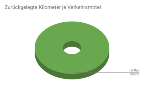 Ein Tortendiagramm zu den je Verkehrsmittel zurückgelegten Wegstrecken. Da es in der Statistik nur ein Fahrzeug gab, gibt es auch kein Tortenstück, sondern nur eine ganze Torte!